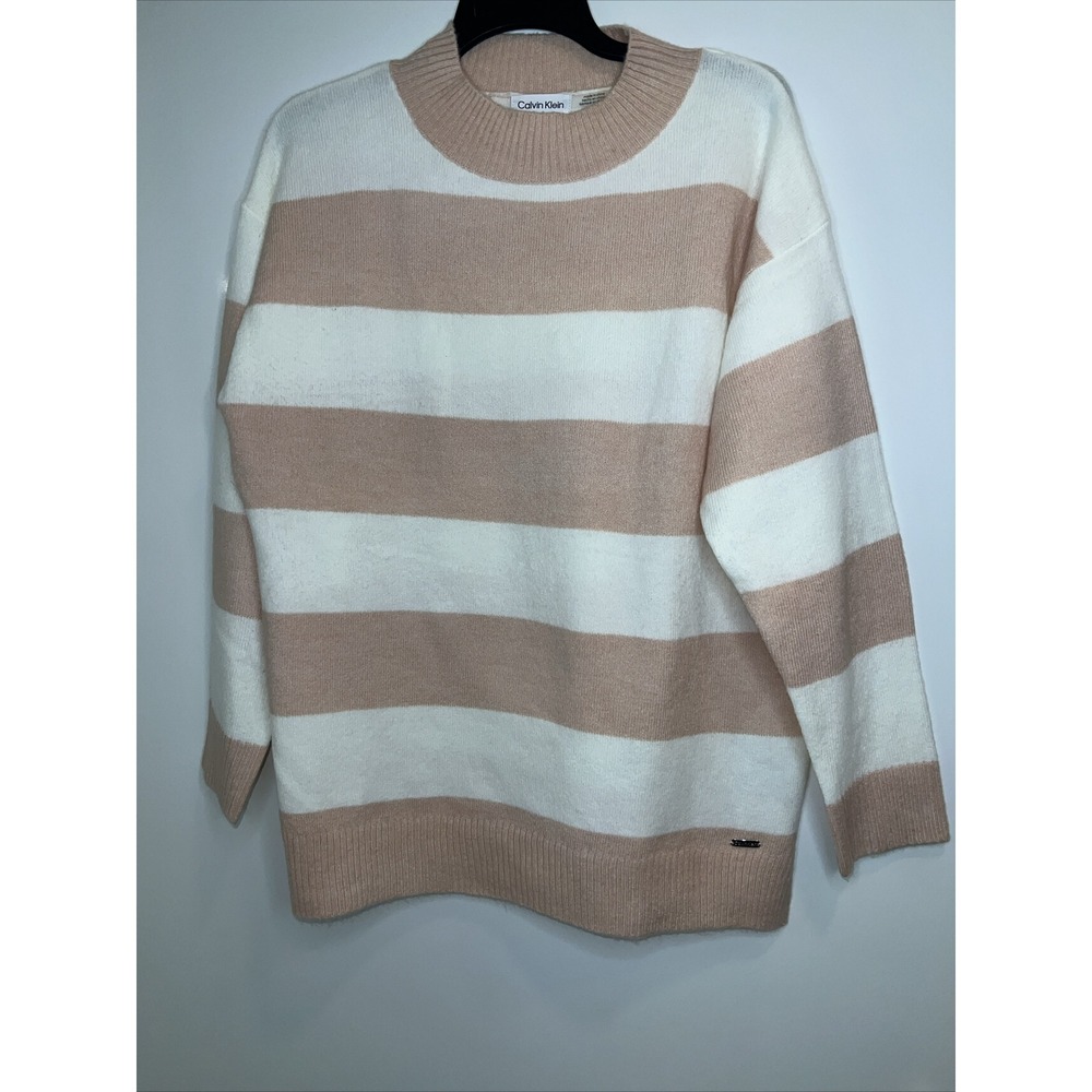 Calvin Klein Sweater Striped Crewneck Pullover Knit Cream Pink Size‎ Medium New